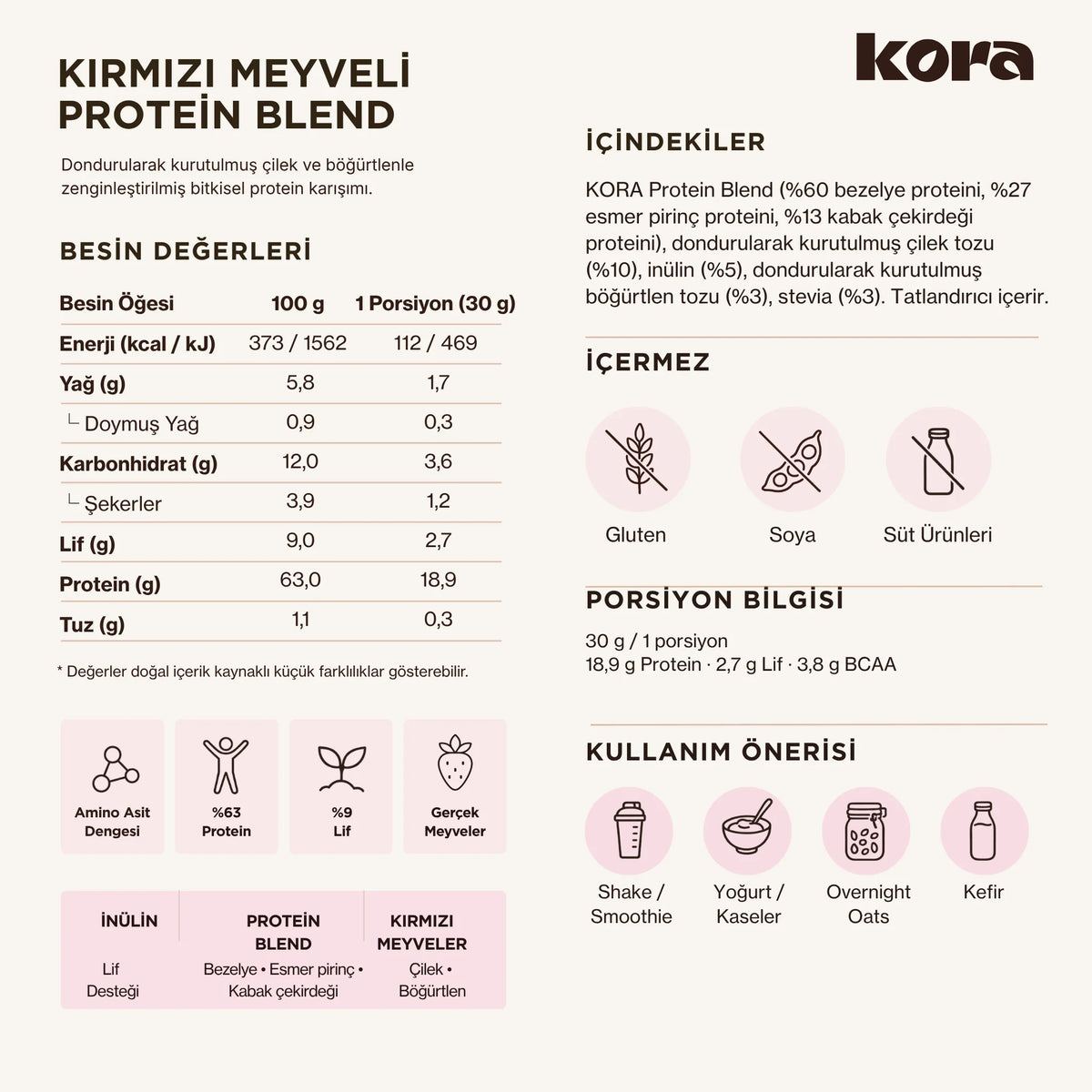 KORA Kırmızı Meyveli Protein Blend ürün detay görseli